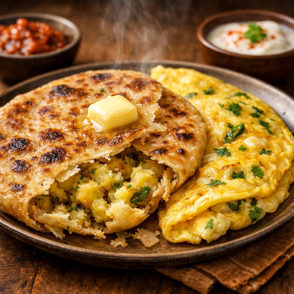 Lahori Aloo Paratha w/ Fried Eggs or Omelet