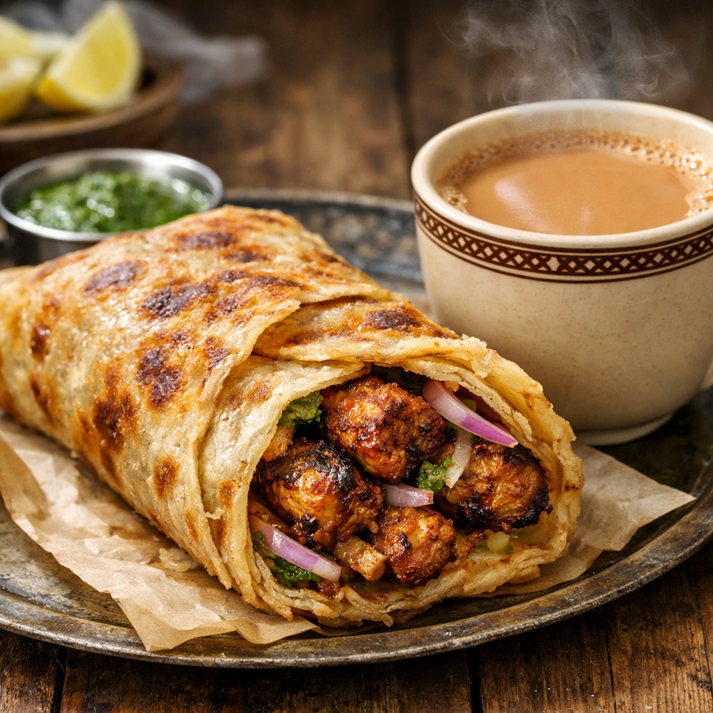 Karak Chai w/ Chicken Bihari Paratha Roll